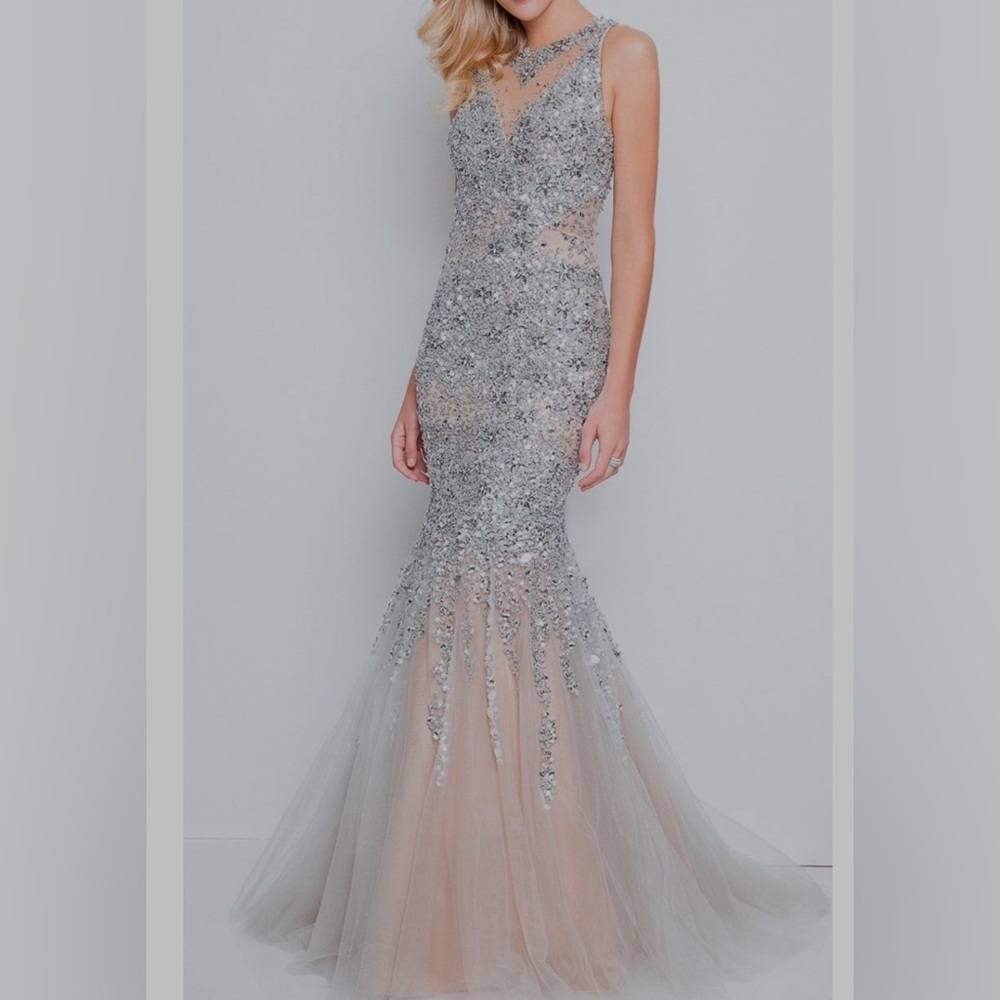 Glamour by Terani Silver Rhinestone and Sequin Evening Gown